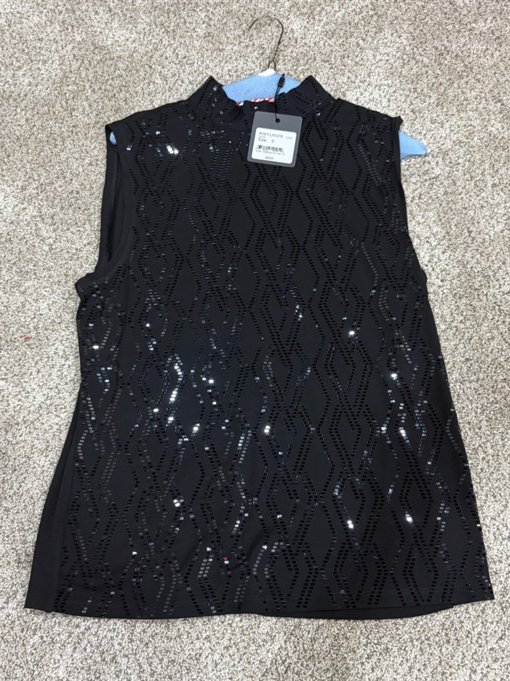 St John Black Sleeveless Sequin Hollowwork Top